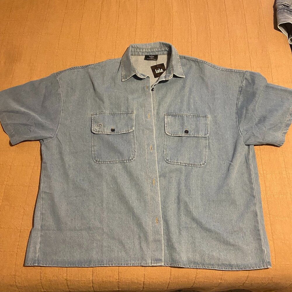 Dressed in Lala - Let Them Talk Oversized Denim Button Up in Vintage Blue